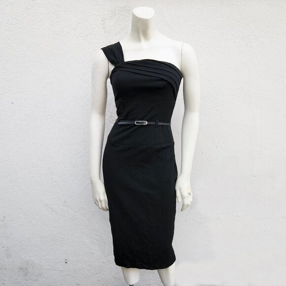 Black Halo One Shoulder Belted Sheath Dress - Picture 1 of 8